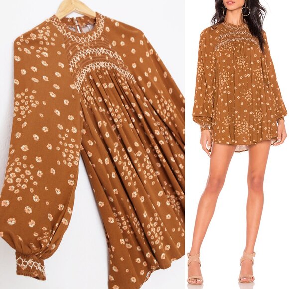 Free People Flowers In Her Hair Brown Boho Tunic Longline S Smocked Ditsy $118 - Picture 7 of 16